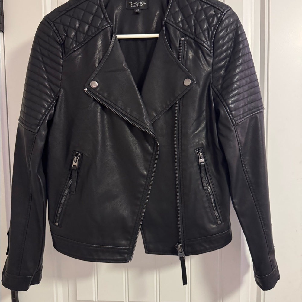 Topshop Black Moto Leather Jacket with Quilted Sleeves